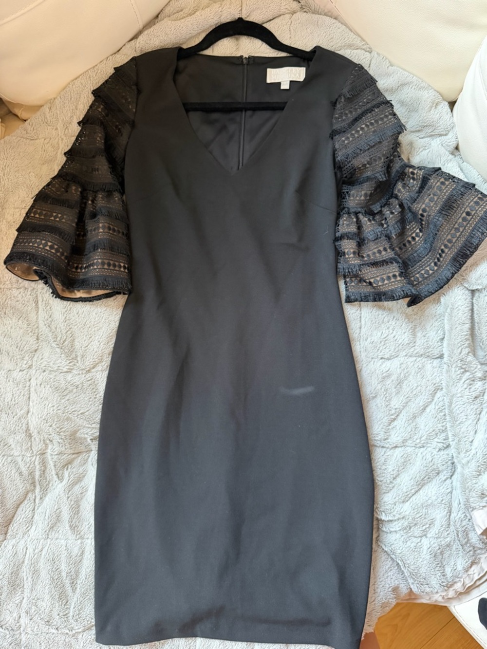 Badgley Mischka Black Midi Dress with Lace Bell Sleeves